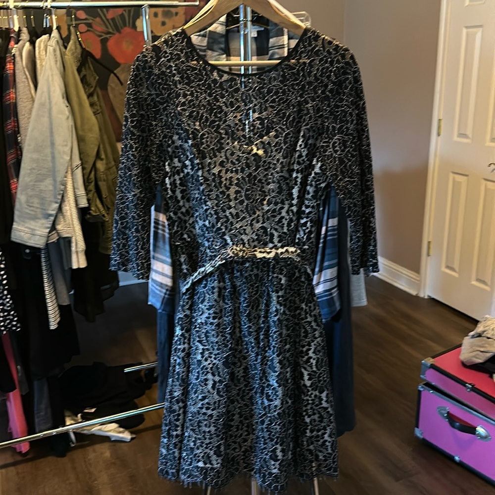 Eliza J cocktail dress , ivory with black lace overlay, 3/4 length sleeves ,